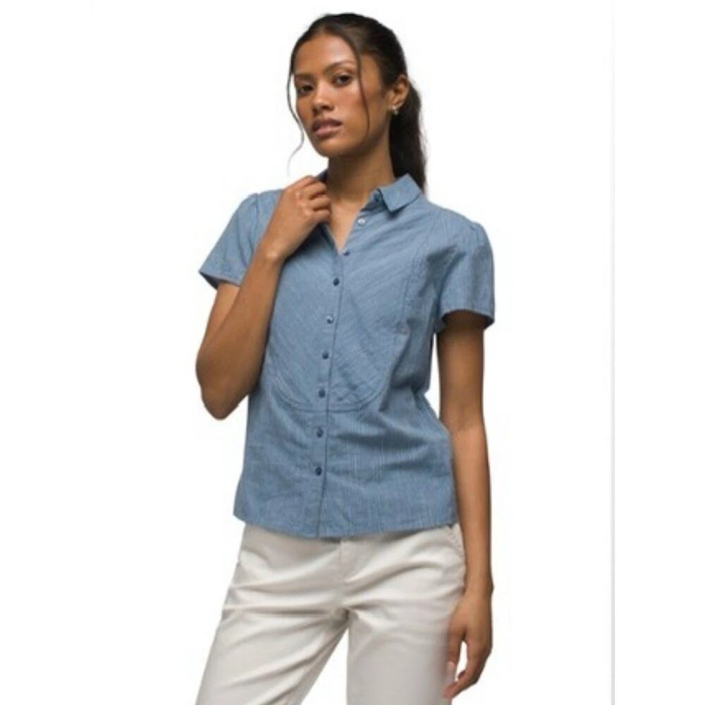 Prana Women's Katya Short Sleeve Button Up Top Blue NWT Size XL $75 MSRP Cotton
